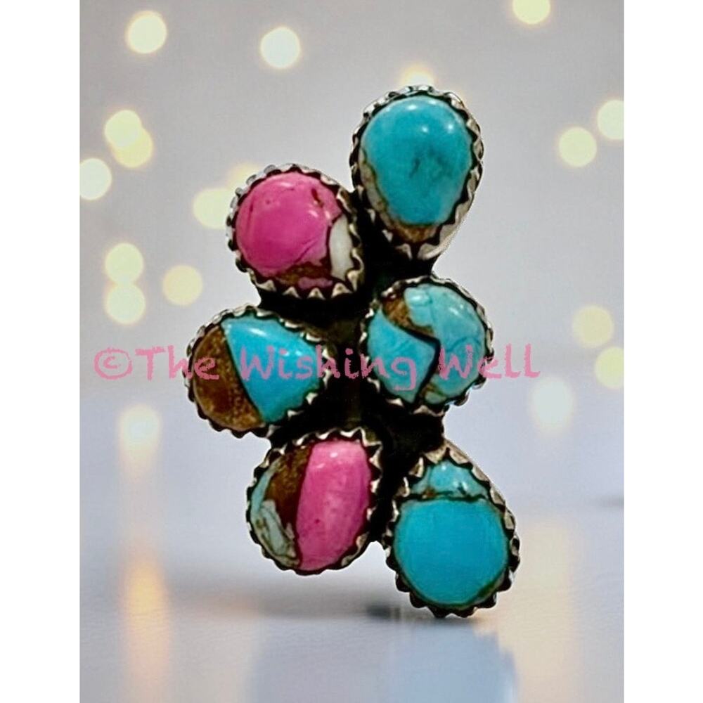 Half Cluster Cotton Candy Tirquoise Southwestern Ring Sterling Silver Size 5-10